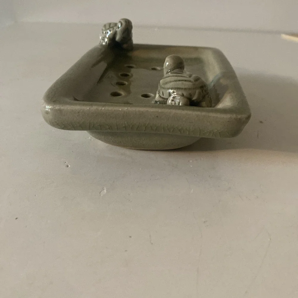 Whimisical Sage Green Soap Dish With Drain Holes Turtles Glazed Pottey